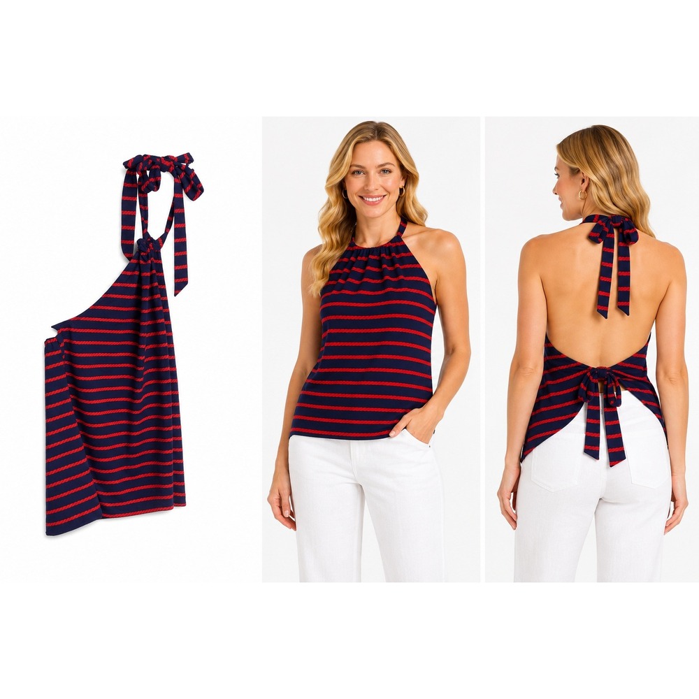 Ann Taylor Halter‎ Top SP Nautical Preppy Coastal Sailor Summer Cruise Americana